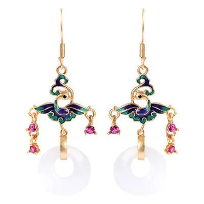 Chinese Flying Phoenix Earrings for Women White Jade Design