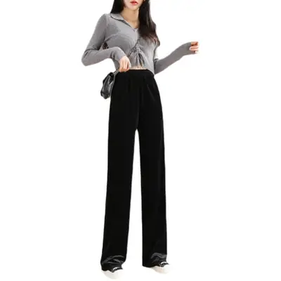 Velvet Wide Leg Pants Black High Waist Loose Drape