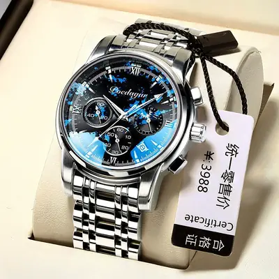 Swiss Men's Waterproof Luminous Chronograph Watch Black Leather Band