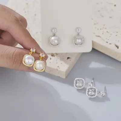Japanese Pearl Earrings Set with Square Diamond & Zircon