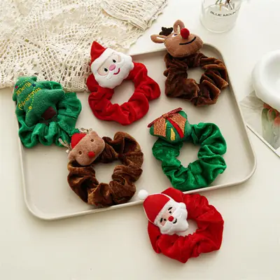 Christmas Santa Head Plush Hair Ring Red
