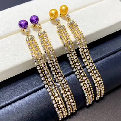 Purple Pearl Long Tassel Earrings with Gold Beads