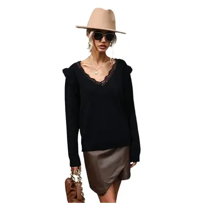 Black Lace Long Sleeve Sweater for Women 2022