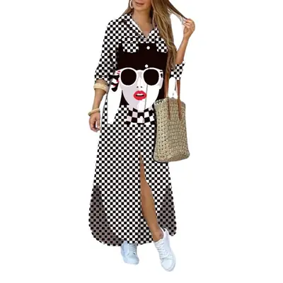 Women's Printed Long Sleeve Lapel Shirt Dress Black White Check