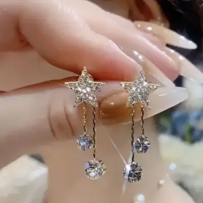 925 Silver Star Tassel Earrings with Rhinestones