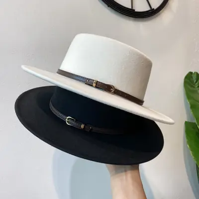 British European Belt Flat Top Hat Men Women Woolen Black Wide Brim Retro