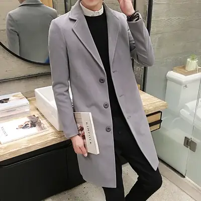 Men's Korean Slim Fit Woolen Coat Winter Gray