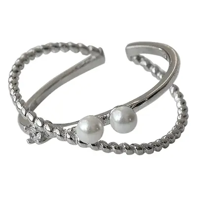 Double-layer Cross Pearl Ring Women's S925 Sterling Silver Cold Style High-grade Finger Ring Open Ring ins Style