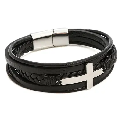 Men's Black Cross Bracelet Titanium Steel European American Multi Layer Woven Leather
