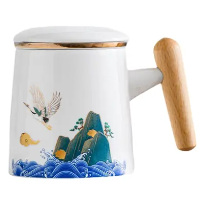 National Tide Ceramic Tea Cup with Lid and Wooden Handle
