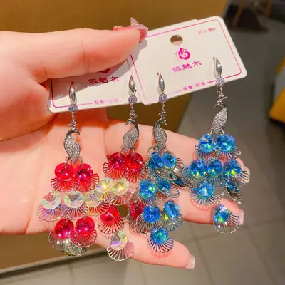 Green Peacock Crystal Earrings for Women