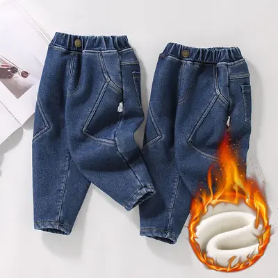 Men's Blue Denim Pants 2023 Winter Fleece Lined Thickened Stretch