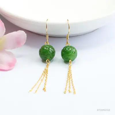 Green Jade Drop Earrings with Gold Chain for Women