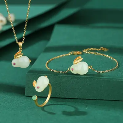 Women's Same Jade Rabbit Necklace with Gold Chain