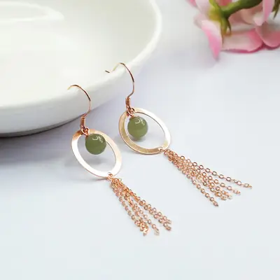 Guan Yu S925 Silver Inlaid Green Jade Ear Hooks