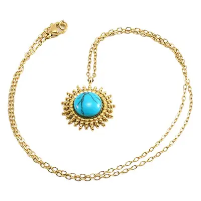 Blue Turquoise Round Stainless Steel Pendant Necklace for Women