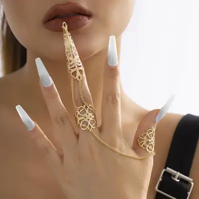 Gothic Hollow Tapered Nail Set with Finger Ring & Tassel