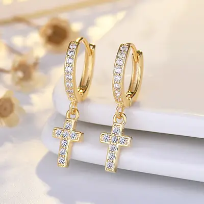 Cross Earrings for Women Full Inlaid Zircon Silver