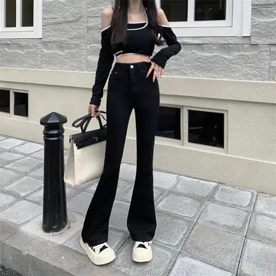 Women Micro Flare Jeans Black High Waist Slim Fit