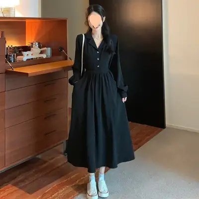 Black Long Sleeve V-Neck Dress for Women