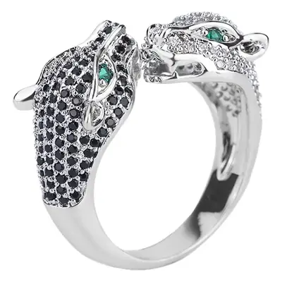 Leopard Design Gold Plated Adjustable Ring with Green Stones