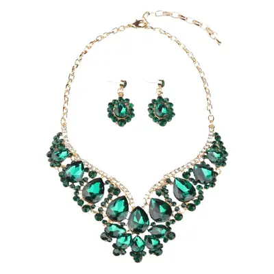 European & American Flash Crystal Gem Necklace Earrings Set