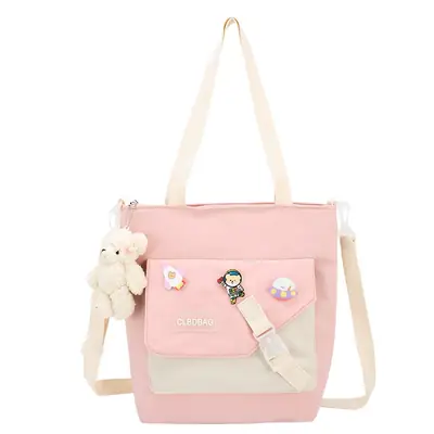 Nylon Shoulder Bag for Girls with Cute Bear Charm
