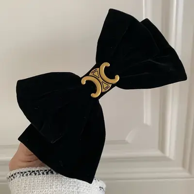 Retro Black Velvet Bow Hairpin with Gold Embroidery
