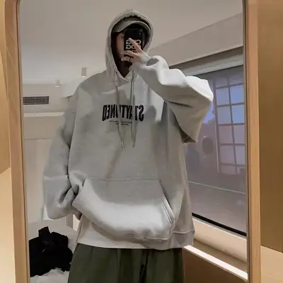 Men's Grey American Alphabet Hoodie Plus Size Winter Hoodie