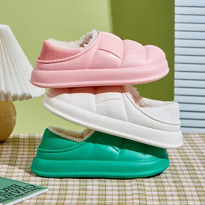 Women's Winter Warm Cotton Slippers Green Closed Heel