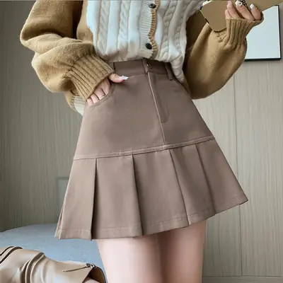 Women Pleated Skirt Gray High Waist Slim College Style