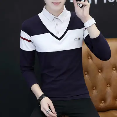 Men Navy White Collar Fake Two Piece T-Shirt