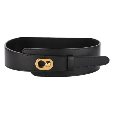 Women's Brown Genuine Leather Wide Belt with Gold Clasp