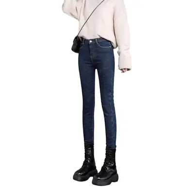 Dark Blue Fleece High Waist Slimming Jeans Women 2023 Winter