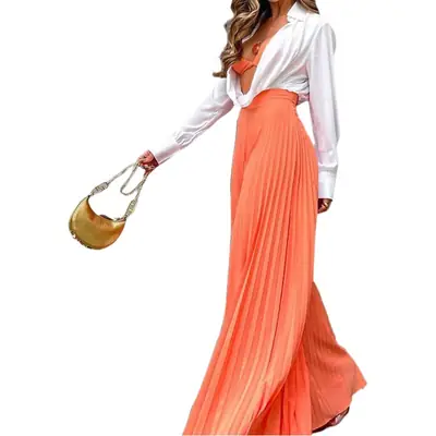 Orange Pleated Long Pants Set for Women 2025