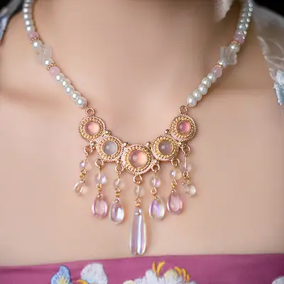 Antique Ming Style Tane Collar Necklace with Pearls & Crystal Dangles