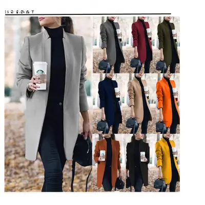 Women Woolen Stand-Up Collar Jacket Orange Large
