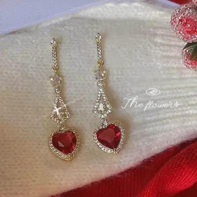 Wine Red Heart Earrings with Micro Zircon & 925 Silver Plating