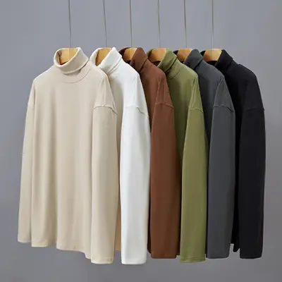 Men Velvet High Neck T-Shirt Olive Green Long Sleeve