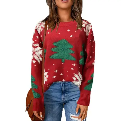 2024 Christmas Knit Pullover Sweater Green Tree White Base