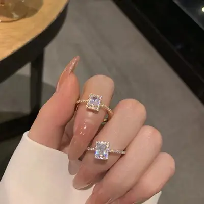 K-Style of Accessible Luxury Zircon Super Flash Ring Ins Niche Design Square Diamond Cold Style Exquisite Ring Opening Adjustable Ring
