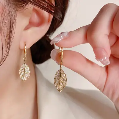 Golden Leaf Earrings for Women with Zircon Detail