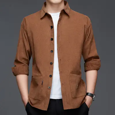 Middle-aged Men Long Sleeve Shirt Blue Corduroy Business Casual