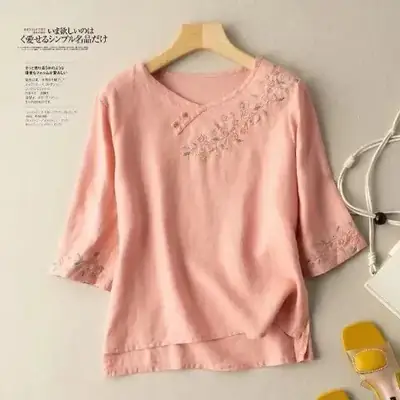 Women's Purple Embroidered Linen Shirt with 7-Sleeves