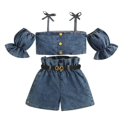Girls Denim Shorts Top Set Blue Casual Summer Wear