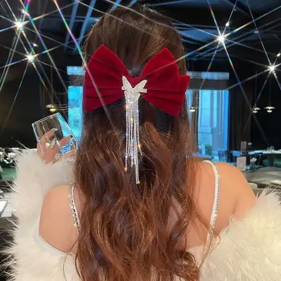 Red Bow Hairpin with Rhinestone Tassel for Women