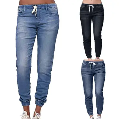 Women Slim Fit Elastic Waist Denim Pants Blue Black
