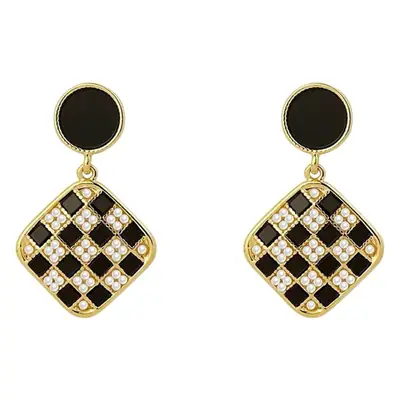 Korean Style Green Checkered Pearl Earrings
