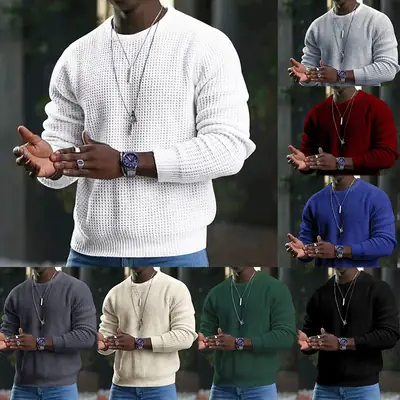 Men Black Waffle Crewneck Turtleneck Sweater with Watch