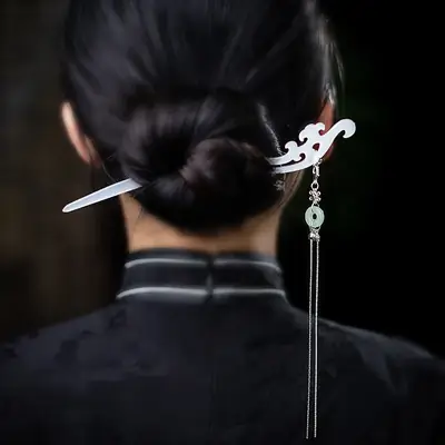 Popular Hairpin in Ancient Style for Cheongsam, Acetate Hair Accessory, Imitation White Jade Double Hairpin, Long Tassel Hairpin, High-End